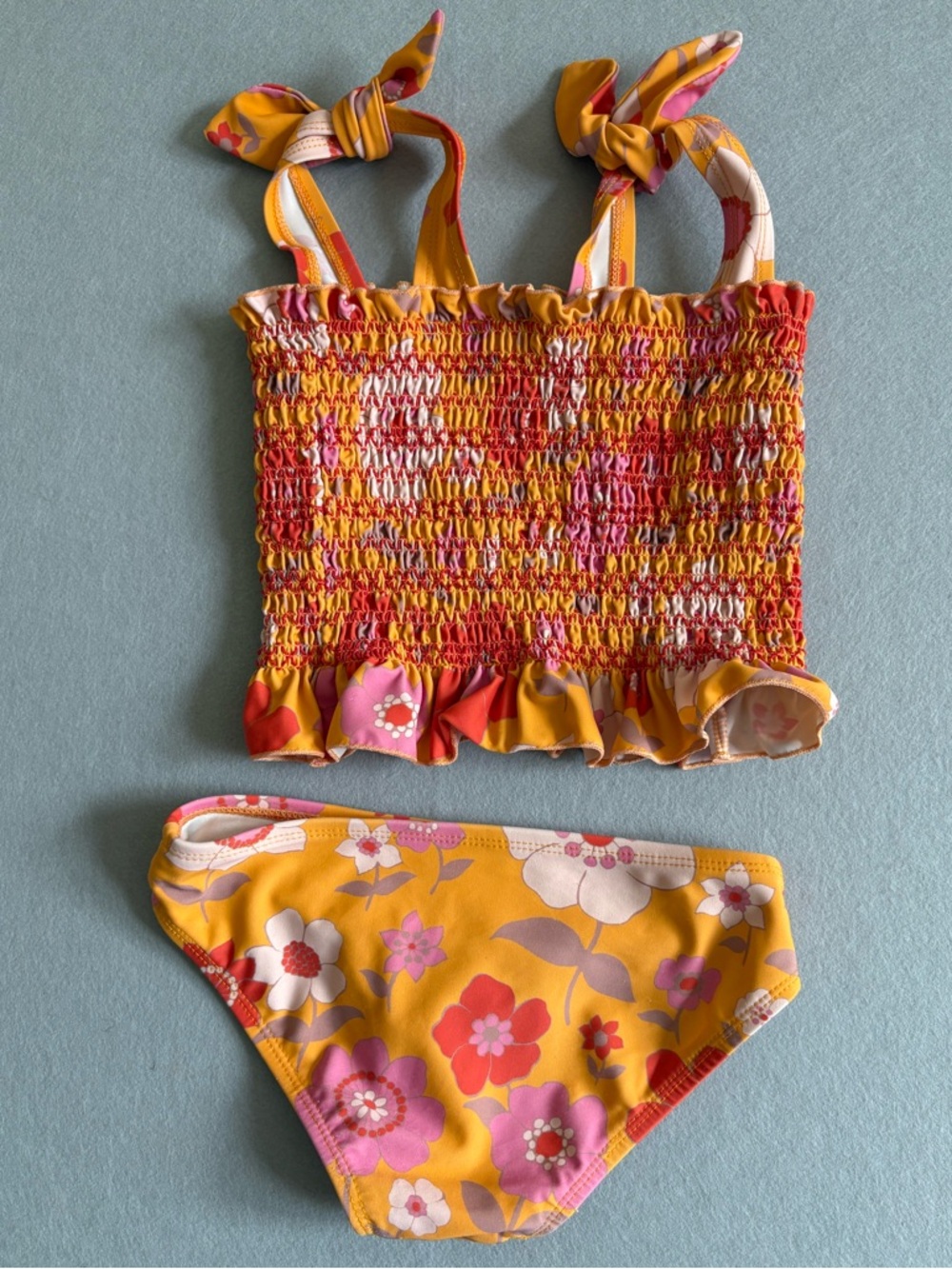 Girls' Maison Me Orange Melanie Smocked Floral Retro Two-Piece Swim Set sz 6-7Y - Picture 5 of 5